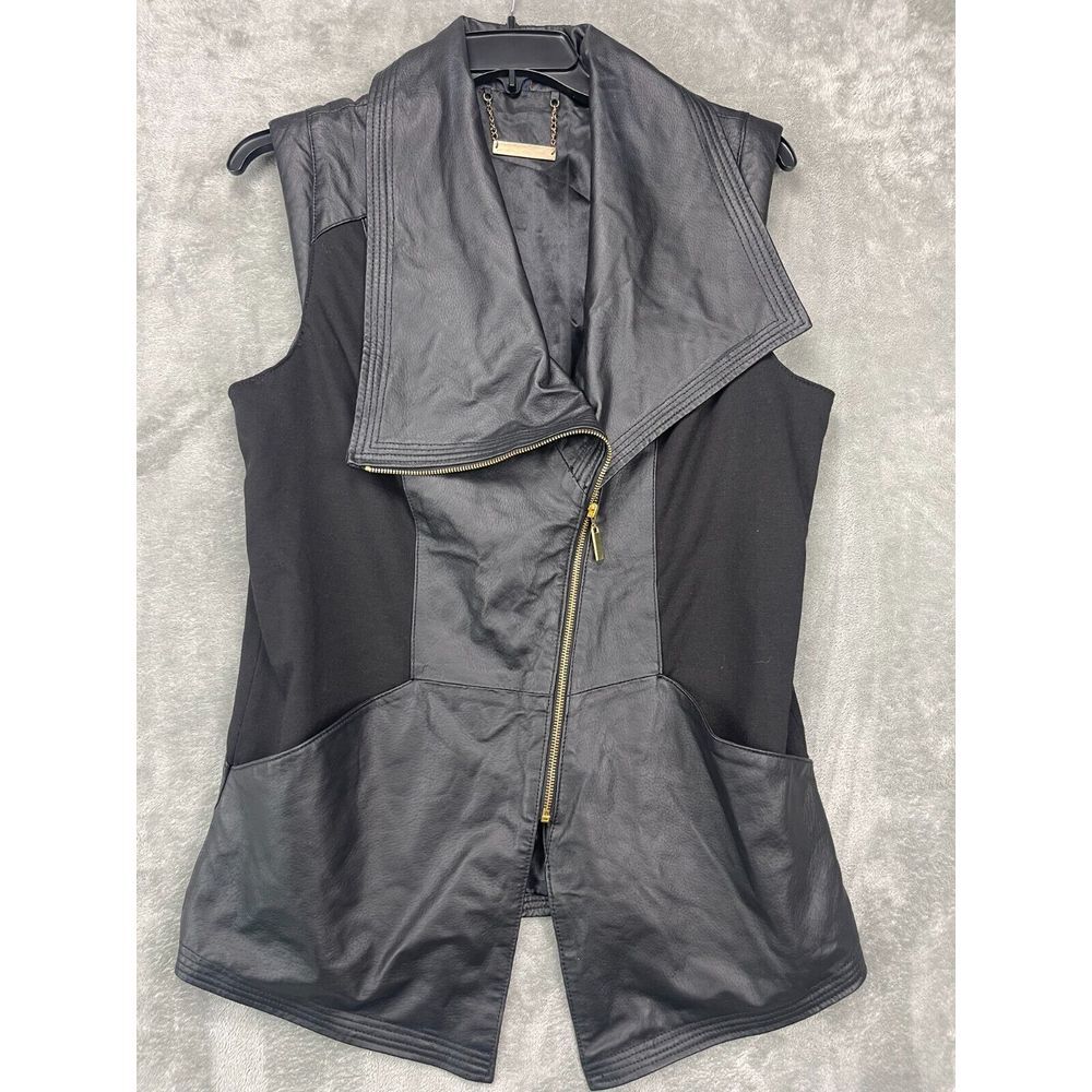 Iman Women's Black Leather Vest Size‎ Large Asymmetric Fashion